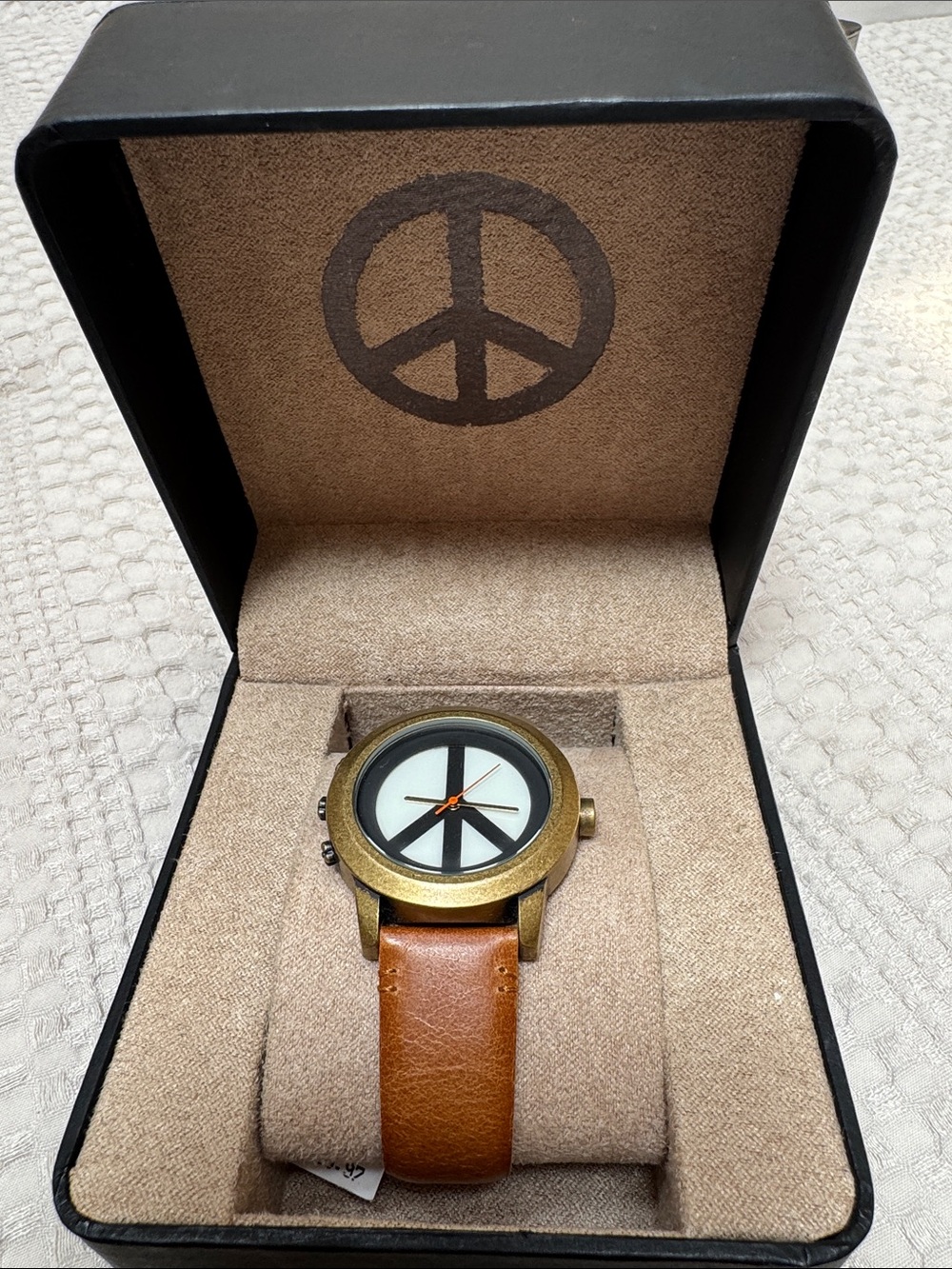 Unisex Brown Leather Lucky Brand Watch with Peace Sign Dial